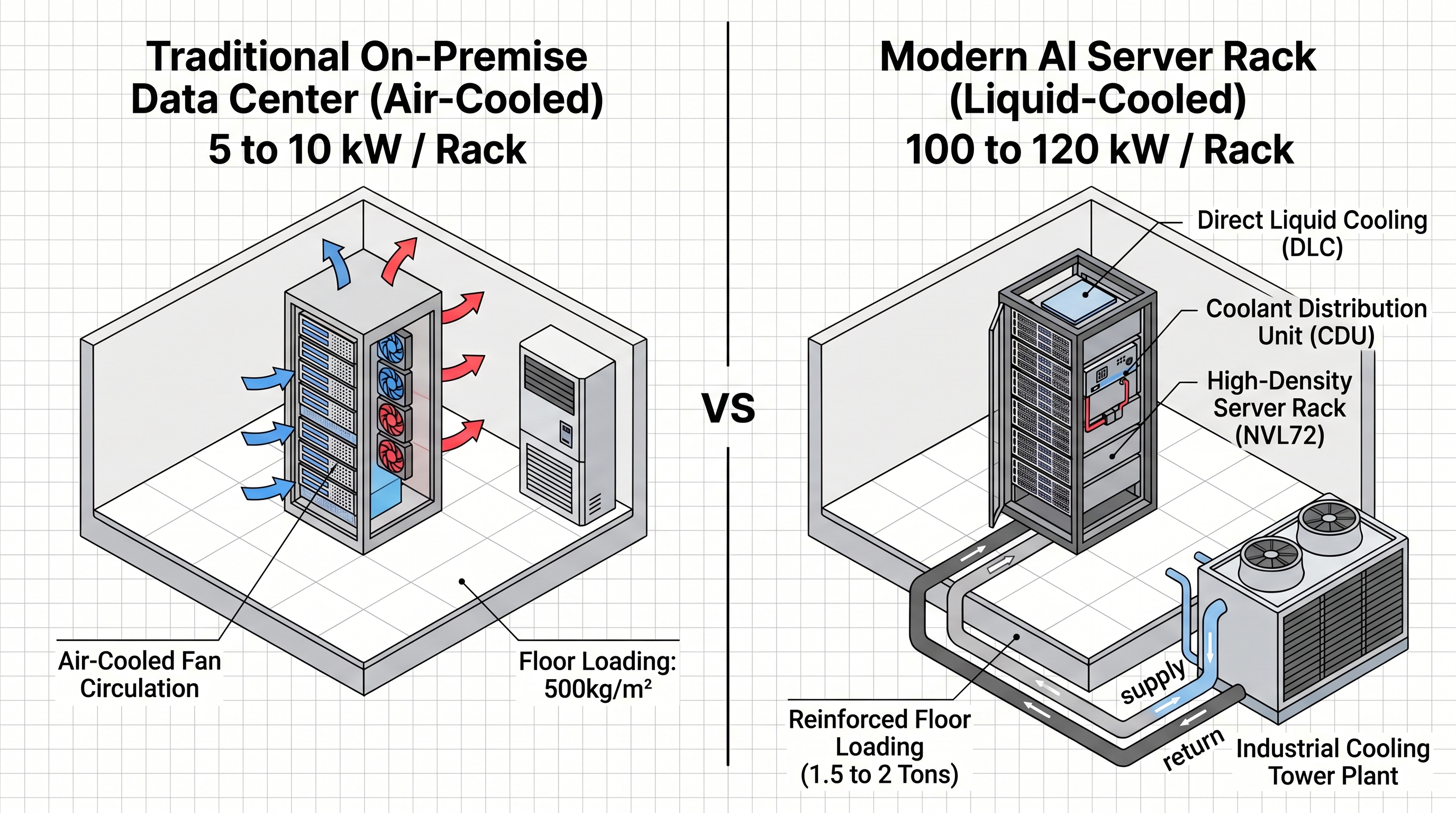 Comparison of Legacy Enterprise Server Rooms (Air-Cooled) vs. Modern AI Accelerator Racks (Direct Liquid Cooled)
