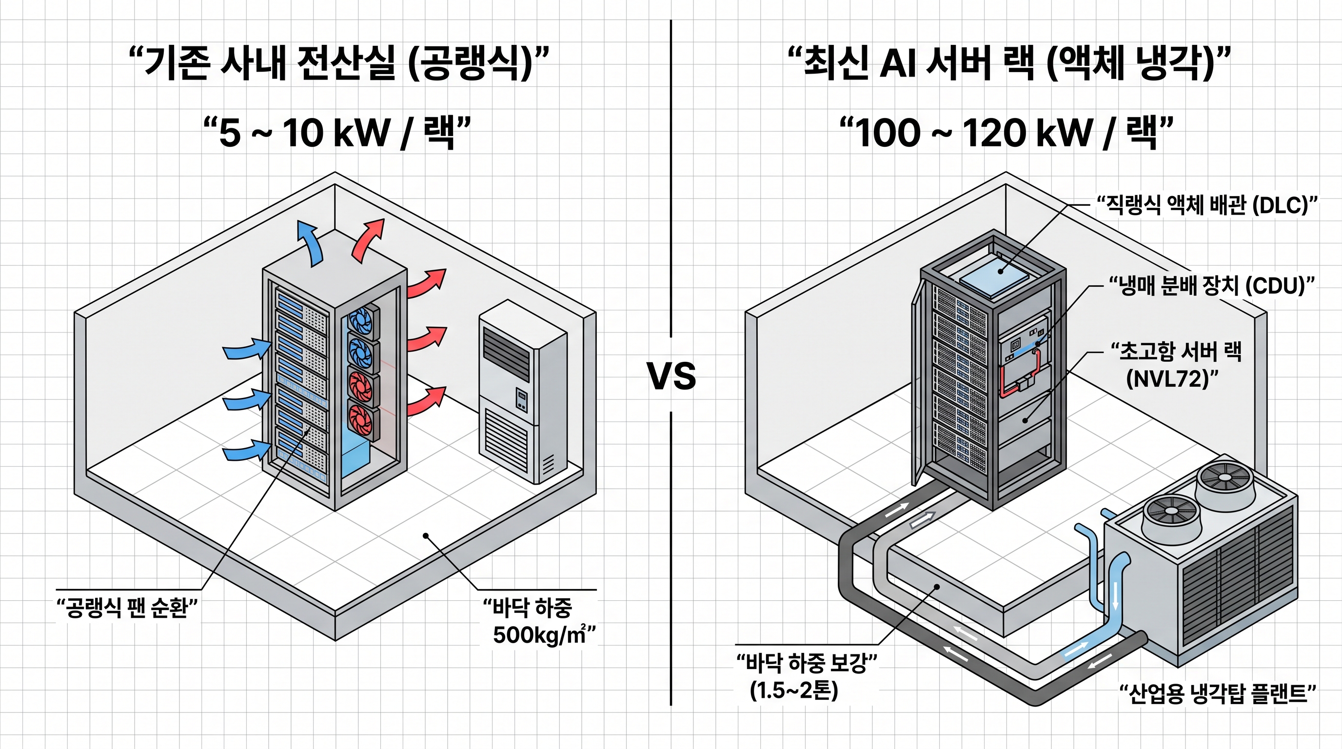 기존 사내 전산실(공랭식) vs 최신 AI 서버 랙(액체 냉각) 인프라 비교